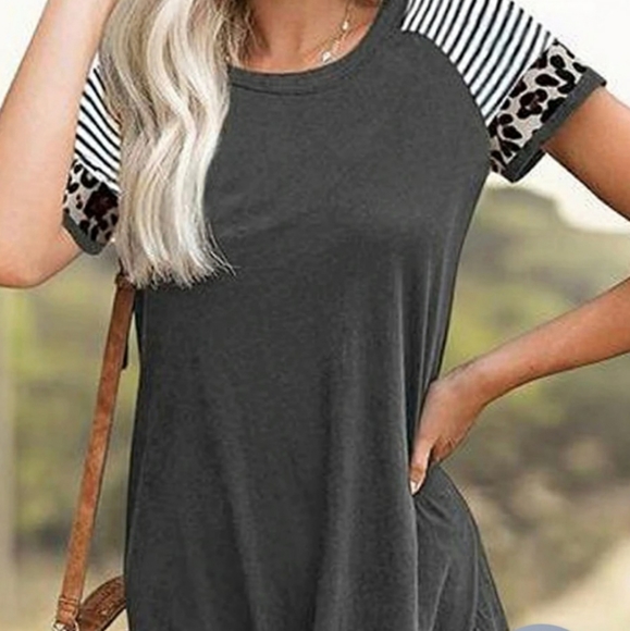 Botique Dresses & Skirts - T-Shirt-Like Grey Splicing Dress With Stripe and Leopard Sleeves